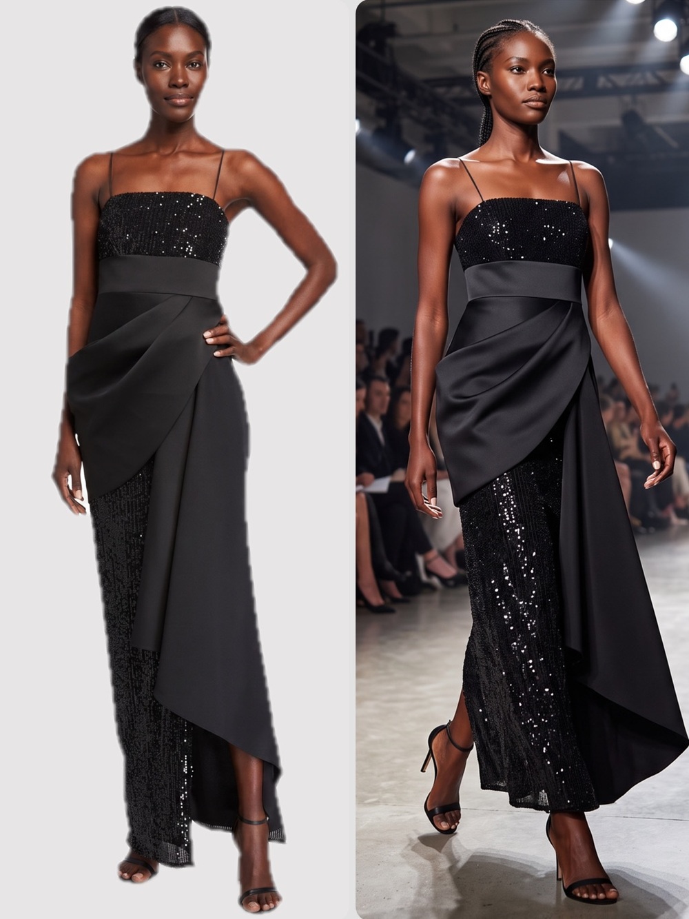 Jay Godfrey Amira Black Sequined Mesh Draped Front Gown Maxi Dress NWT $395